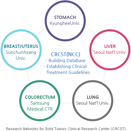 CRCST(NCC)(Building Database, Establishing Clinical,Treatment Guidelines), Stomach(Kyungheeunlv), liver(seoul nat’l univ), lung(seoul nat’l univ), Colorectum(samsung medical ctr), Breast/uterus(Sunchunhyang Univ) Research Networks for Solid Tumors Clinical Research Center (CRCST)