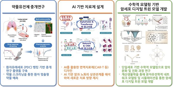 ★약물유전체 중개연구 - ㆍ환자유래세포 (PDC) 뱅킹 기반 중개연구 플랫폼 구축, ㆍ약물 스크리닝을 통한 환자 맞춤형 약물 예측 /
★AI 기반 치료제 설계(항원-항체프로파일 → AlphaFold2 & Transformer AI 알고리즘)(암-노화, 정상-노화 → Network & CNN AI 알고리즘) - ㆍAI를 활용한 면역치료제(CAR-T 등) 디자인, ㆍAI 기반 암과 노화의 상관관계를 해석하여 새로운 치료 방향 제시
★수학적 모델링 기반 암세포 디지털 트윈 모델 개발 - ㆍ단일세포 기반 수학적 모델링으로 암의 분화 및 진화 과정 연구, ㆍ계산생물학을 통해 분자유전학적 네트워크 모델링 및 시뮬레이션을 통한 암세포 디지털 트윈 모델 개발