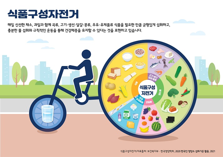 식품구성자전거:매일신선한채소,과일과함께곡류,고기•생선•달걀•콩류,우유•유제품류식품을필요한만큼균형있게섭취하고,
충분한 물 섭취와 규칙적인 운동을 통해 건강체중을 유지할 수 있다는 것을 표현하고 있습니다.
곡류(옥수수,고구마,감자,쌀밥, 잡곡밥, 가래떡, 식빵, 국수 등),
채소류(배추, 김치, 김, 버섯, 고추, 당근, 오이, 애호박, 브로콜리 등),
고기ㆍ생선ㆍ달걀ㆍ콩류(생선, 새우, 오징어, 완두콩, 두부, 닭고기, 돼지고기, 소고기, 계란, 호두 등),
우유ㆍ유제품류(아이스크림, 우유, 요구르트, 치즈, 요거트 등)
식품구성자전거/자료출처:보건복지부•한국영양학회,2020한국인영양소섭취기준활용,2021