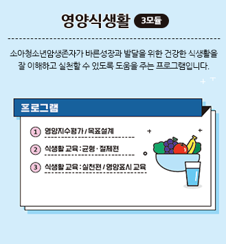 영양식생활(3모듈):소아청소년암생존자가 바른성장과 발달을 위한 건강한 식생활을 잘 이해하고 실천할 수 있도록 도움을 주는 프로그램입니다. 1.영양지수평가/목표설계 2.식생활 교육:균형ㆍ절제편 3.식생활 교육:실천편/영양표시교육