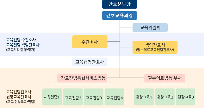 간호교육과 조직도 간호본부장-간호교육과장-교육위원회-교육담당감호사-교육전담 구간호사-책임간호사(필수의료교육전담 간호사)-간호간병통합서비스병동(교육전담1:8A병동,8B병동 교육전담2:9A병동,9A병동,10A,10B병동 교육전담3:4A병동,4B병동,5A병동)-필수의료병동(현장교육1,2:중환자실 현장교육3:응급실 현장교육4:수술실)