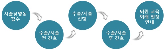 시술낮병동 접수 → 수술/시술 전 간호 → 수술/시술 진행 → 수술/시술 후 간호 → 퇴원 교육 외래 일정 안내