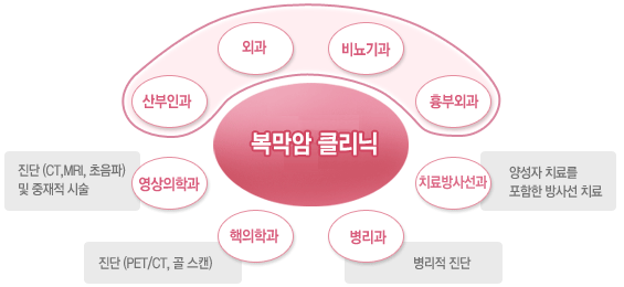복막암 클리닉 : 산부인과, 외과, 비뇨기과, 흉부외과, 치료방사선과(양성자 치료를 포함한 방사선 치료), 병리과(병리적 진단), 핵의학과(진단 PET/CT, 골스캔), 영상의학과(진단 CT, MRI, 초음파 및 중재적 시술)