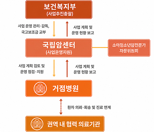 보건복지부(사업추진총괄)→사업 운영 관리ㆍ감독, 국고보조금 교부→국립암센터(사업운영지원)-소아청소년암전문가 자문위원회→사업 계획 검토 및 운영 점검ㆍ지원→거점병원과 권역내 협력의료기관 사이 환자 의뢰ㆍ회송 및 진료 연계→거점병원→사업 계획 및 운영 현황 보고→국립암센터(사업운영지원)→사업 계획 및 운영 현황 보고→보건복지부(사업추진총괄)