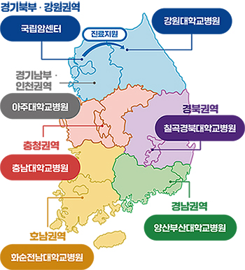 경기북부ㆍ강원권역(국립암센터), 강원대학교병원 국립암센터에서 진료지원, 경북권역(칠곡경북대학교병원), 경남권역(양산부산대학교병원), 호남권역(화순전남대학교병원), 충청권역(충남대학교병원), 경기남부ㆍ인천권역(아주대학교병원)